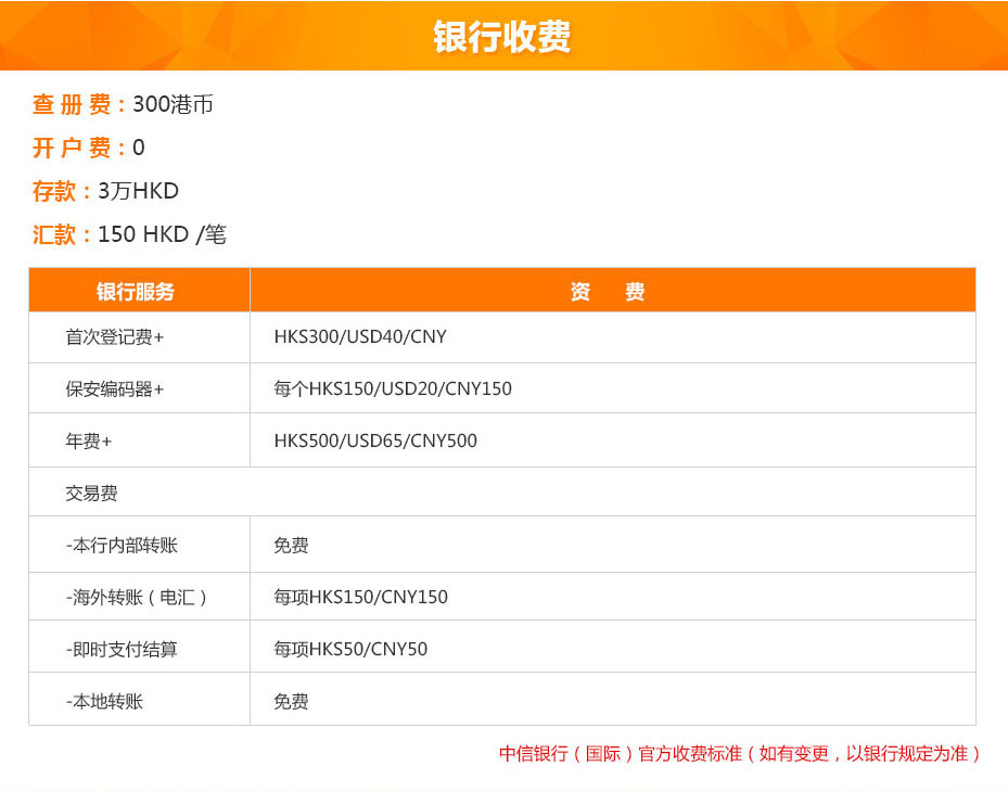 中信銀行(國際)銀行收費 中信銀行(國際)銀行收費